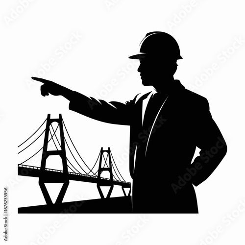 Silhouette of an engineer pointing towards a suspension bridge construction site