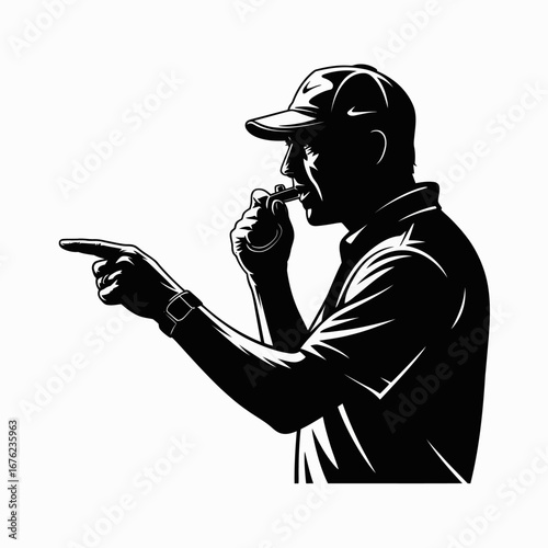 Silhouette of a coach or referee blowing a whistle and pointing
