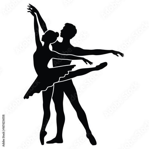 Elegant ballet dancers performing a pas de deux silhouette