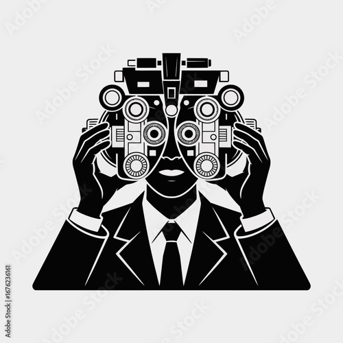 Optometrist wearing a suit and tie uses a phoropter for an eye exam