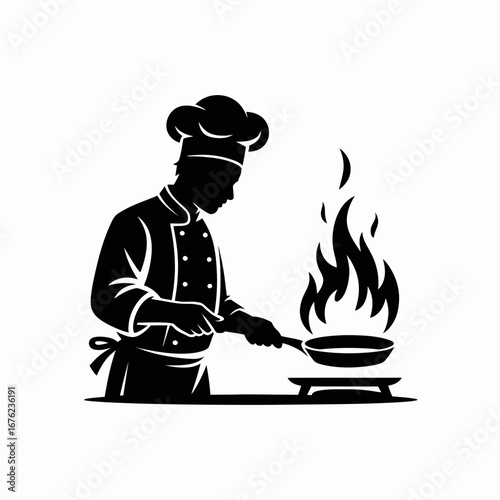Silhouette of a chef cooking with flames in a pan