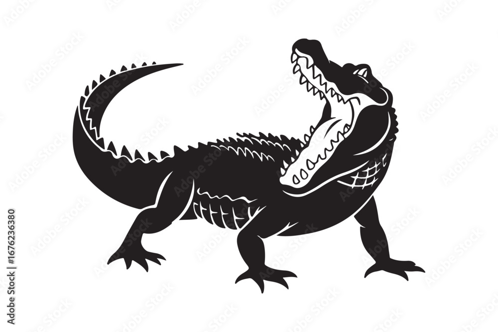 Fototapeta premium Black and white illustration of a fierce alligator roaring
