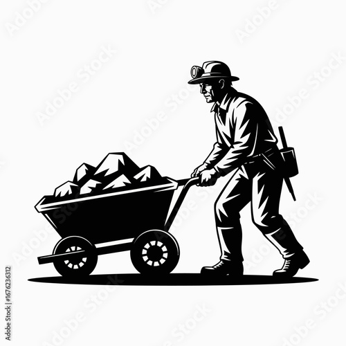 Miner pushing a wheelbarrow full of coal with a pickaxe on his back