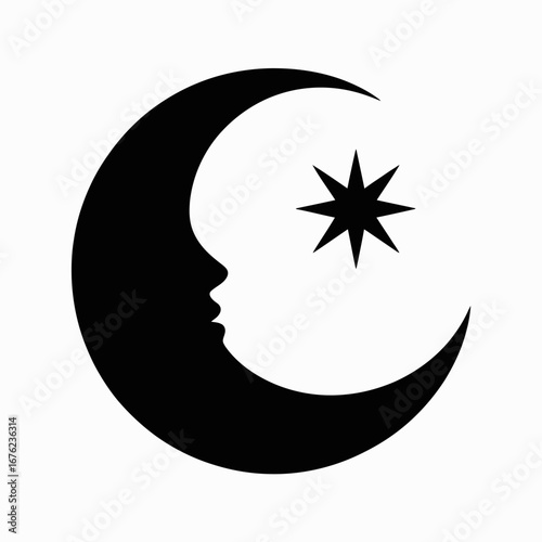 Stylized black crescent moon with a star face and celestial star