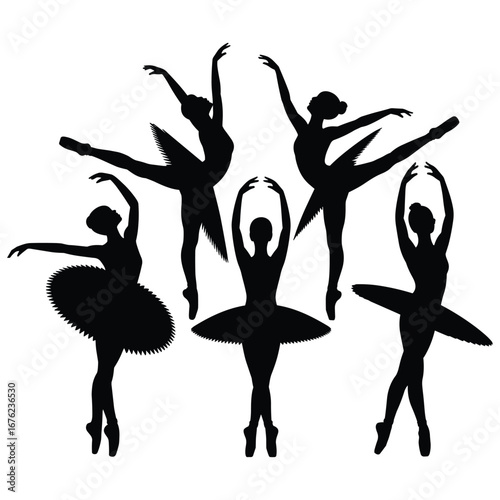 Group of ballet dancers performing graceful poses silhouette