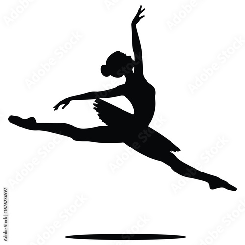 Graceful ballerina performing a dynamic leap in silhouette