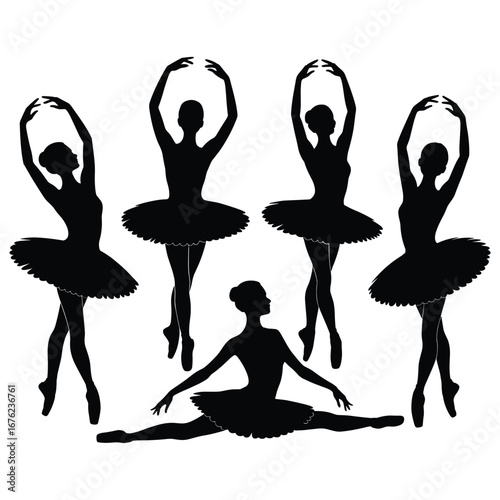Five ballet dancers posing in various graceful movements silhouette