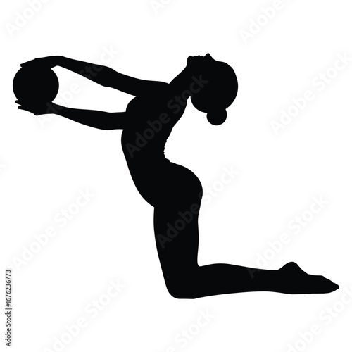 Rhythmic gymnast in a graceful pose with a ball silhouette
