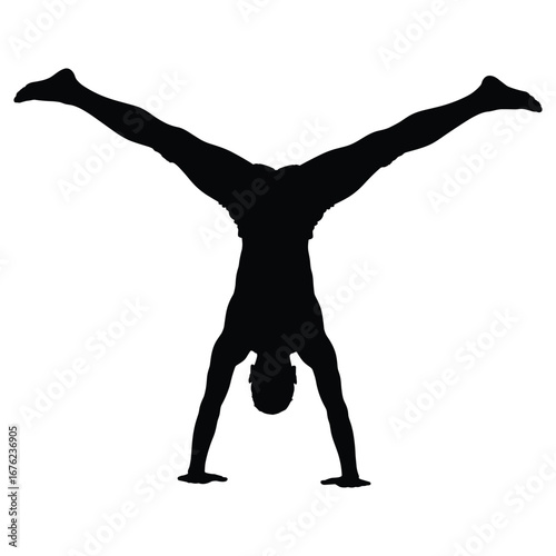 Athletic person performing a handstand with legs spread wide silhouette