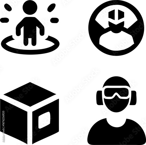 Immersive virtual reality experience icons for digital world exploration and gaming ventures