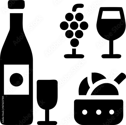 Elegant wine bottle with grapes and cheese, perfect for celebrations and sophisticated events, vector
