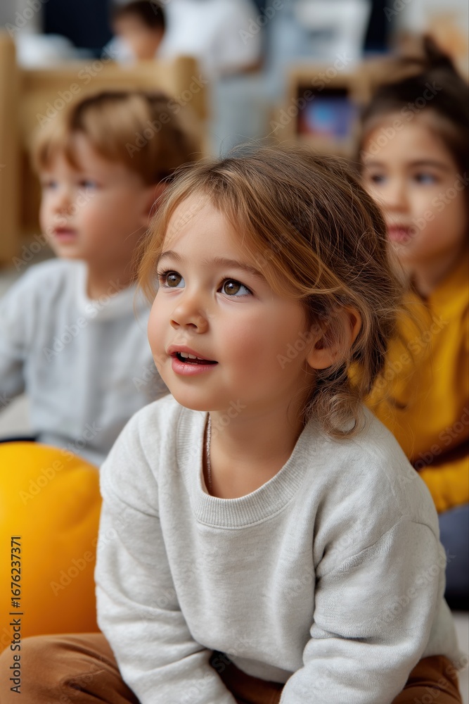 Obraz premium Young caucasian children engaged in preschool classroom activities