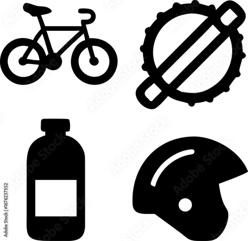 Bike ride essentials: Cycling, water bottle, helmet, and bike lock icons for outdoor adventure planning
