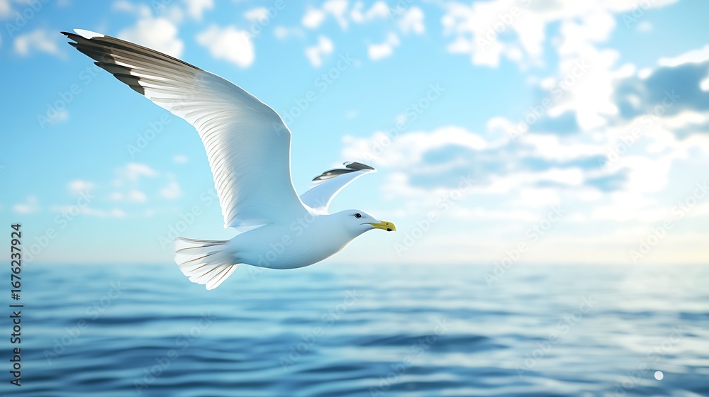 Fototapeta premium Scenic coastal horizon with bird soaring above calm waters high resolution picture