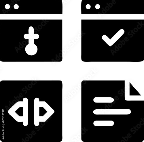 Web development interface icons show completed coding project and settings adjustments approved