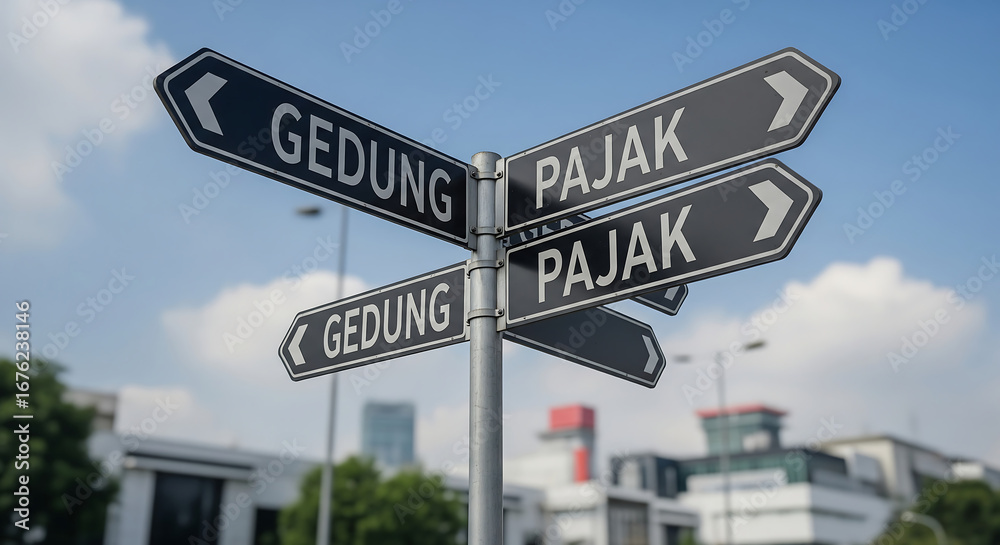 Obraz premium Urban Crossroads Signpost Directing Towards 'Gedung' (Building) and 'Pajak' (Tax), Symbolizing Business, Bureaucracy, and Important Decisions in Ci...