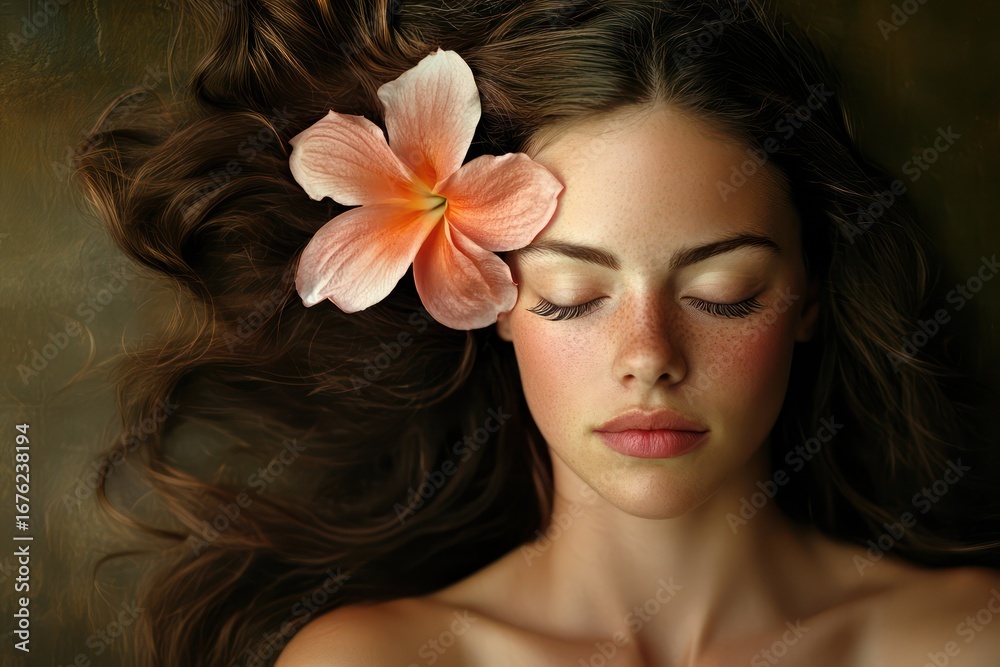 Naklejka premium Woman with long brown hair and flower