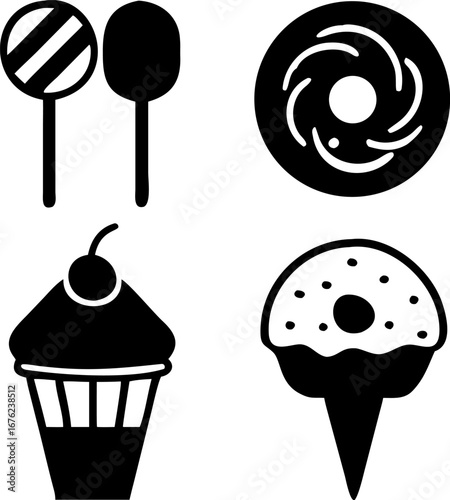Sweet temptations with lollipops, donut, cupcake and ice cream cone create a joyful mood for everyone