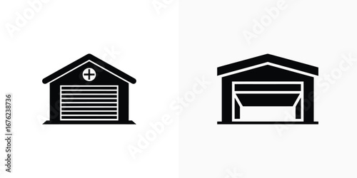 Warehouse Silhouettes Closed Door, Plus Sign Icon with Door Open on Transparent