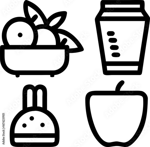 Healthy eating icons represent fresh fruit, juice, and baked goods for a balanced lifestyle choice