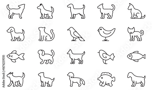Outline Pet Icons – Dogs, Cats, Birds, Fish, Rabbits, and Domestic Animal Companions for Animal Lovers and Veterinary Design Projects