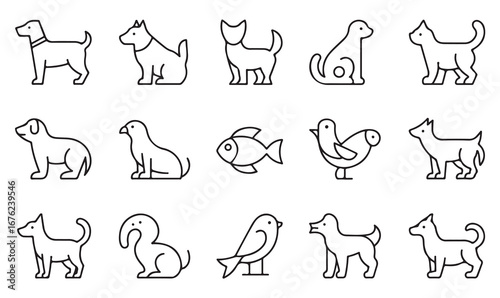 Line Icons of Pets and Animals – Dog, Cat, Bird, Rabbit, and Fish in Minimal Outline Style for Veterinary, Shelter, and Pet Care Design
