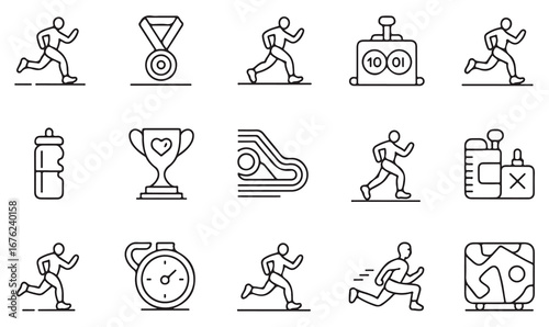 Fitness and Jogging Thin Line Icon Set – Healthy Lifestyle, Race, Energy Drink, Stopwatch, and Sports Achievement Symbols for Wellness Projects