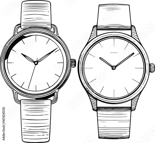 black and white line art Wristwatch outline, elegant minimalist continuous line