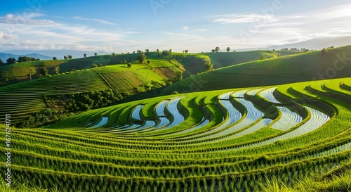 Lush green rice terraces cascade down hillsides under a bright blue sky and sunlight