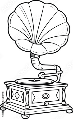 vintage gramophone, antique phonograph, retro music player, ornate wooden base, large horn speaker, historical audio device, cad drawing flat vector illustration