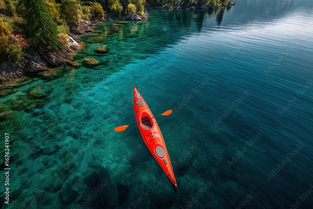 Fototapeta premium Bright orange kayak gliding over crystal-clear waters in a tranquil lakeside landscape surrounded by lush greenery