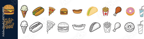 Fast Food Icons Set – Colorful and Line Art Doodle Illustrations of Burger, Pizza, Fries, Hotdog, Taco, Sandwich, Ice Cream, Donut, Fried Chicken, Soda