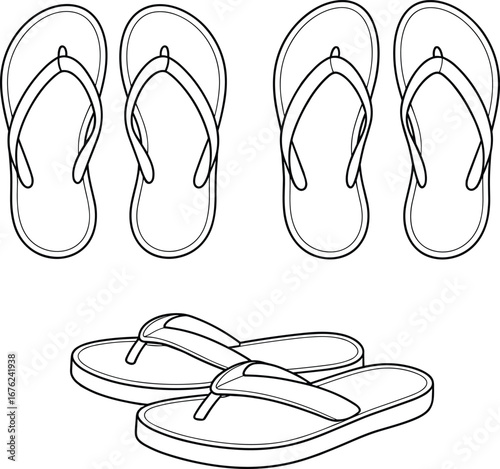 Flip flops cad drawing flat vector illustration, summer footwear line art, beach sandal technical sketch, casual shoe design outline, black white graphic
