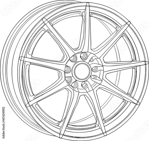 Car wheel rim cad drawing flat vector illustration, automotive part line art, alloy rim technical sketch, vehicle wheel design outline, black white graphic