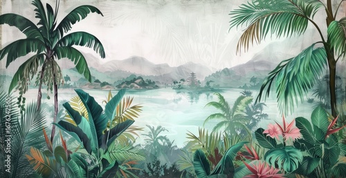Tropical landscape with lush foliage and misty mountains