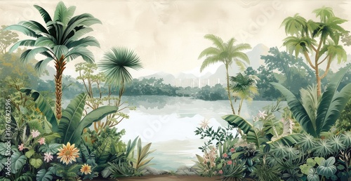 Serene tropical landscape with lush vegetation.