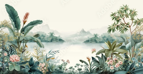 Serene lakeside view with lush botanical foreground