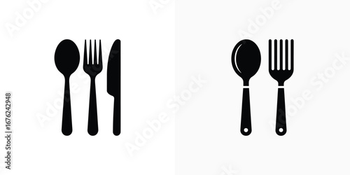 Cutlery Still Life Spoon, Fork, and Knife Icon Set, Tableware Black & White Clip Art