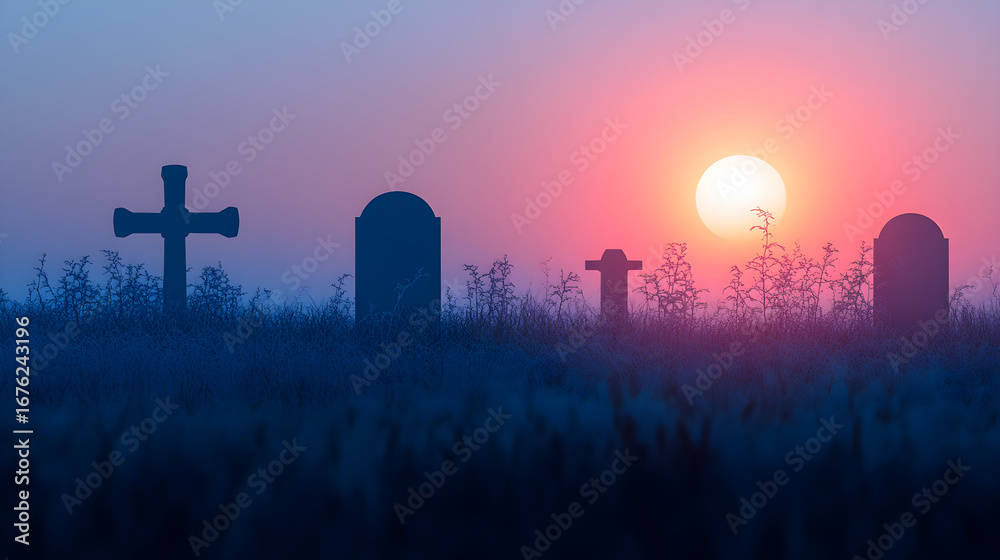 Fototapeta premium A beautiful silhouette of a city skyline at dawn with a misty, orange sky and light clouds