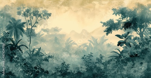Serene rainforest with misty ambiance.