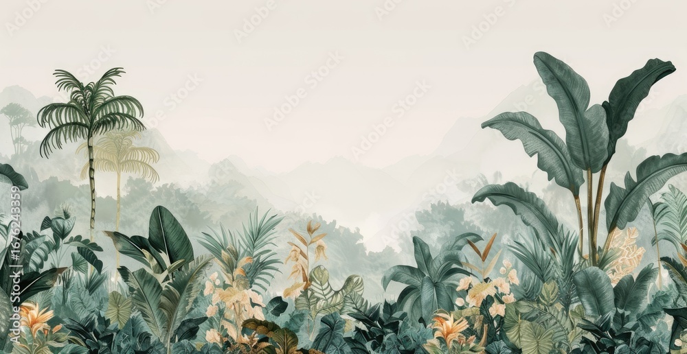 Fototapeta premium Lush tropical foliage in a misty jungle setting.