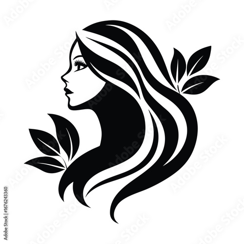 Elegant black silhouette of a woman s profile with flowing hair and delicate leaves symbolizing nature and beauty