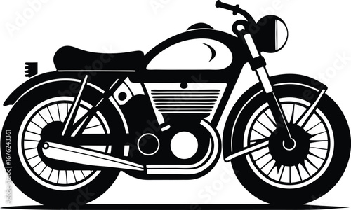 Classic vintage motorcycle silhouette side view isolated on white background for transportation and lifestyle concepts