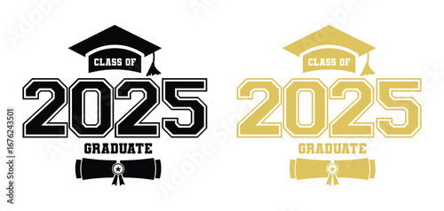 Class of 2025 graduate celebration with graduation caps and diplomas in black and gold designs