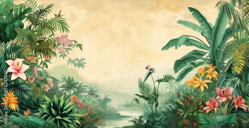 Vibrant tropical jungle with lush greenery and flowers.