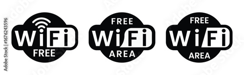 Free wifi icon set. Free wifi logo, label, sign, badge, symbol isolated on white background. Wifi signal, public place, access point, public Wi-Fi, Free Wi-Fi zone, Radio signal, wireless, password	