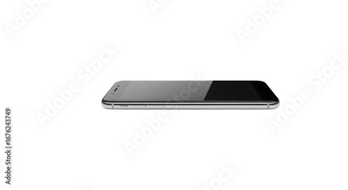 Sleek smartphone lying flat showcases modern design and technology, ideal for app promotions or mobile services ads, cutting-edge communication