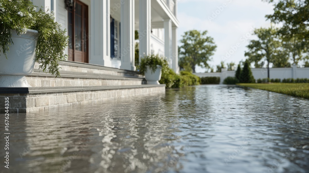 Obraz premium A serene low-angle view of a house's exterior with a reflective, wet surface, stone steps, and lush greenery.