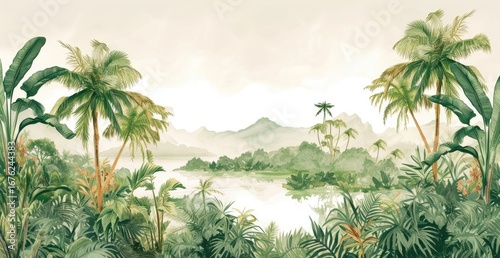 Lush tropical landscape with palm trees and mountains.