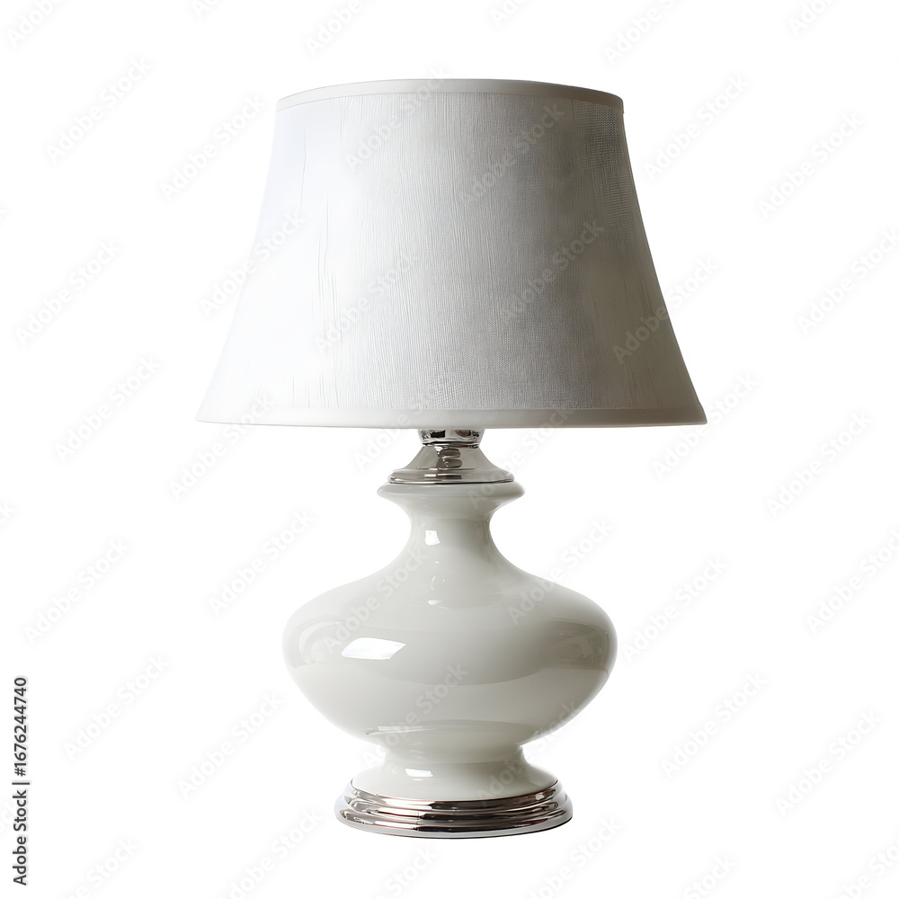 Fototapeta premium Elegant white table lamp with a fabric shade on a black background providing illumination